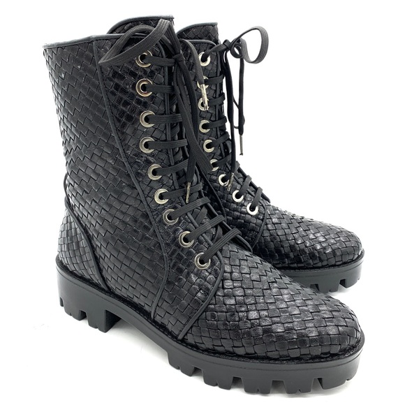 Pons Quintana Black Leather Woven Ankle Boots Zip Lace - Picture 2 of 10